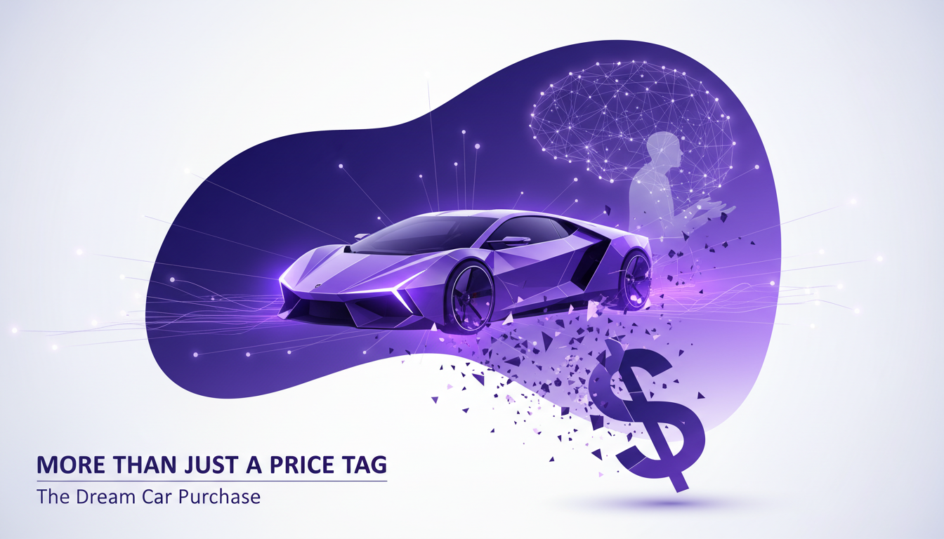 Illustration moderne d'une voiture de rêve à 200 000 $, symbole de succès mais source de vide, avec dégradés indigo et violet.