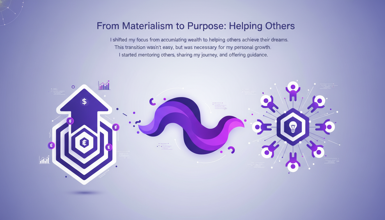 Illustration moderne de la transition du matérialisme à l'entraide, avec des formes géométriques et des dégradés violets, symbolisant la croissance personnelle.