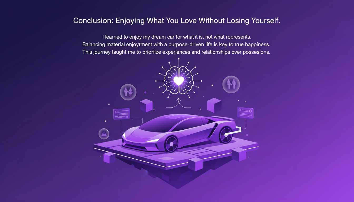 Illustration moderne minimaliste d'une voiture de rêve symbolisant l'équilibre entre plaisir matériel et vie épanouissante.
