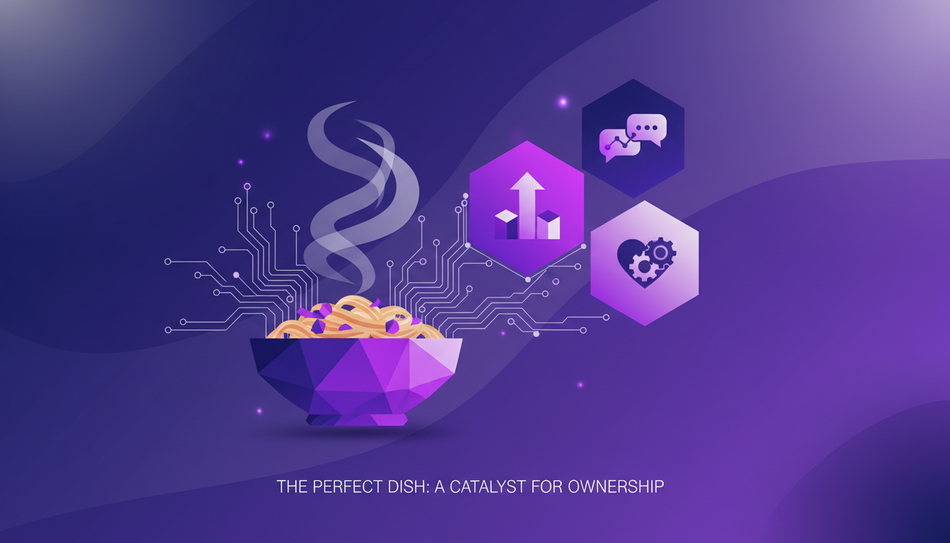 Modern illustration of a perfect pasta dish influencing business decisions, minimalist style in indigo and violet hues.