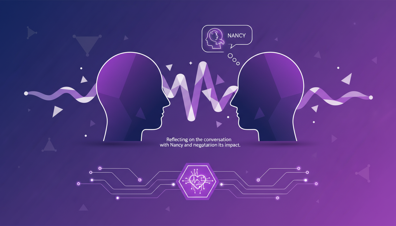 Modern illustration depicting the emotional side of business deals, featuring geometric shapes and indigo-violet gradients.