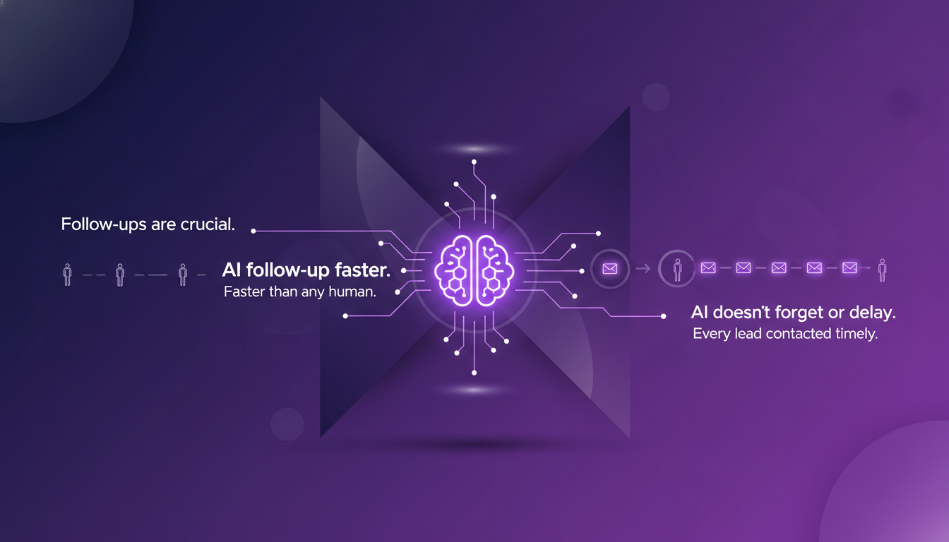 Modern illustration of AI in sales follow-ups, highlighting AI's speed and consistency with geometric shapes and gradient overlays.