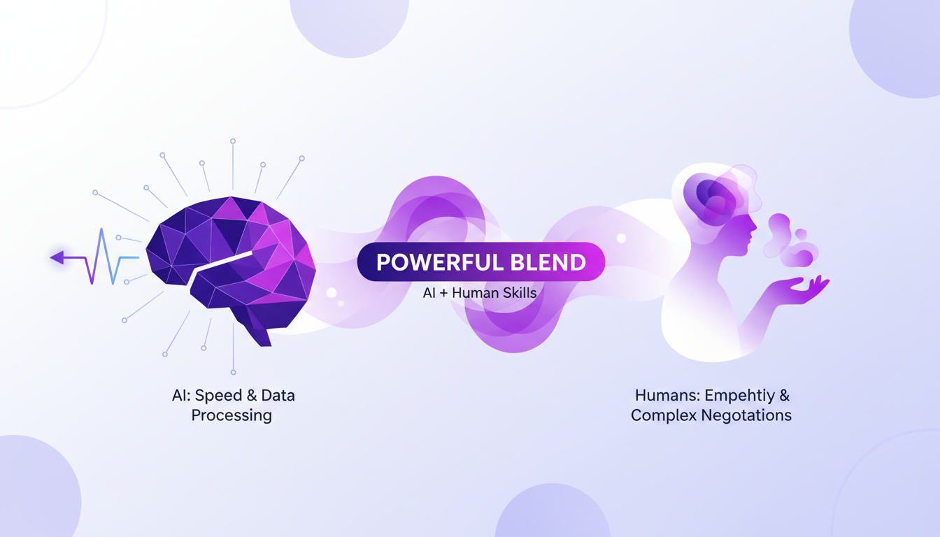 Modern illustration of AI versus human capabilities with geometric shapes and gradients for a blog on innovation.