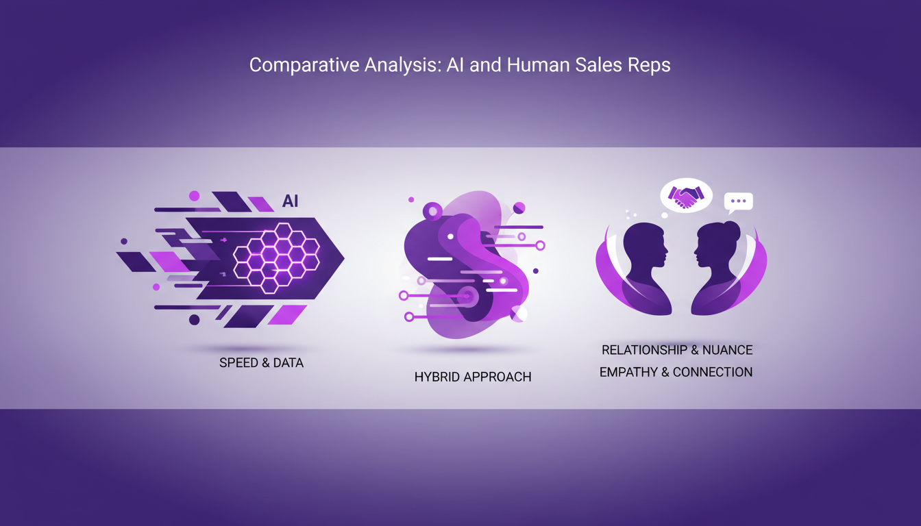 Modern illustration comparing AI and human sales reps, highlighting AI's speed and human communication skills in a professional style.