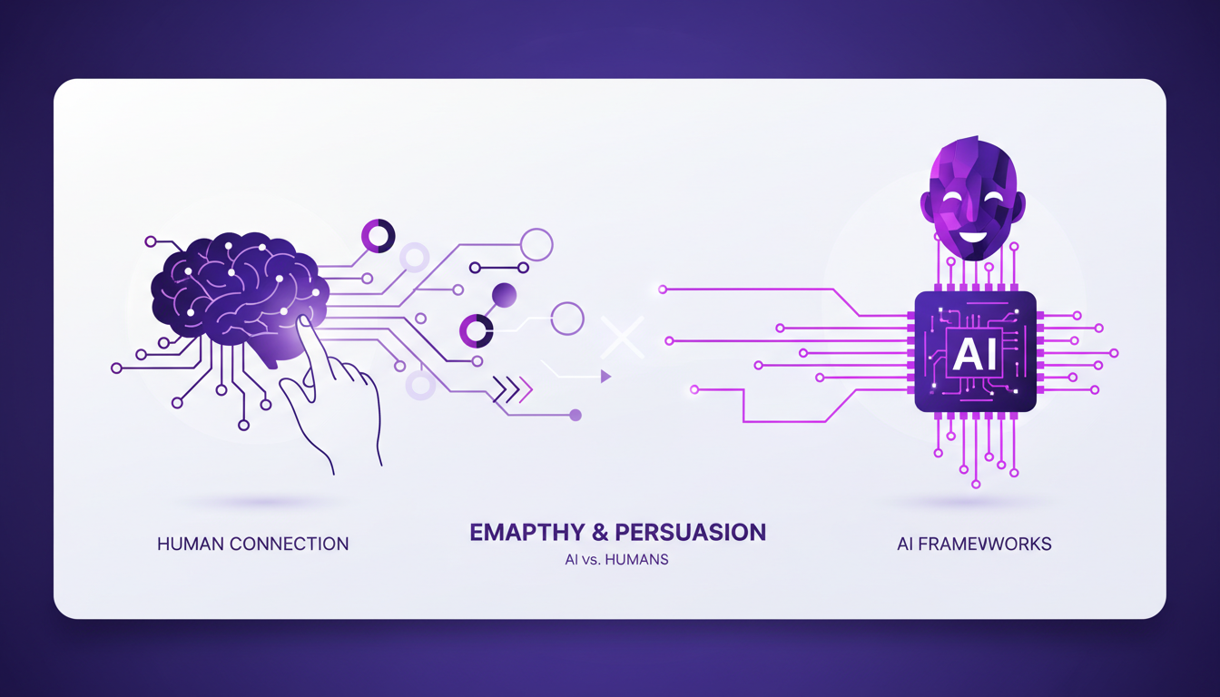 Modern illustration of empathy and persuasion: AI vs. humans, featuring geometric shapes and gradients, in indigo and violet hues.
