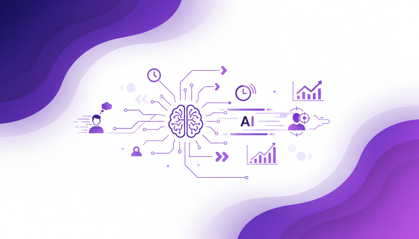 Modern illustration of AI speeding lead conversion with real-time data analysis, featuring geometric shapes and violet gradients.