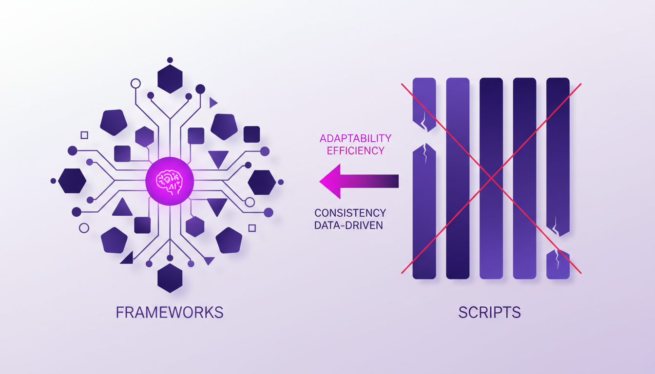 Modern illustration of frameworks vs. scripts in AI sales training, featuring geometric shapes and violet, indigo gradients.