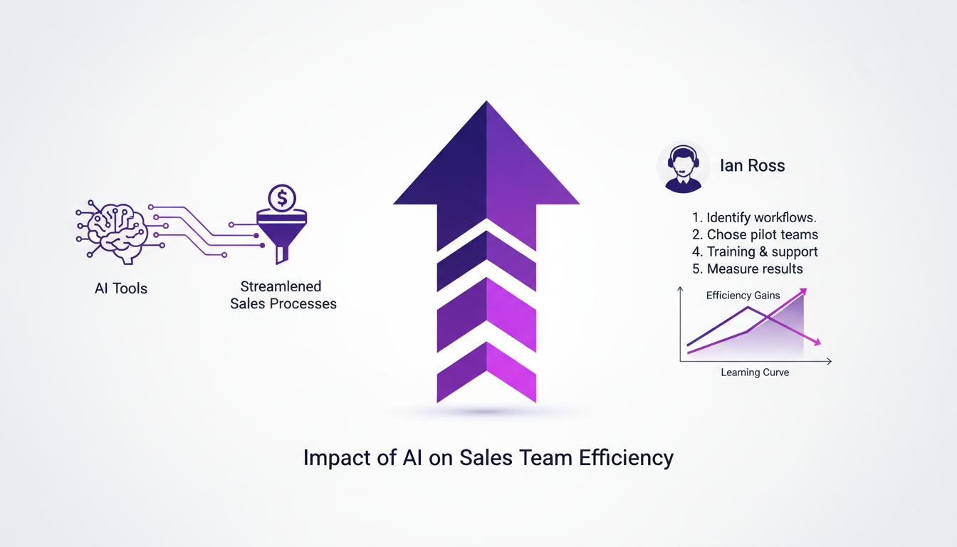 Modern illustration of AI's impact on sales team efficiency with AI tools and Ian Ross's integration tips.