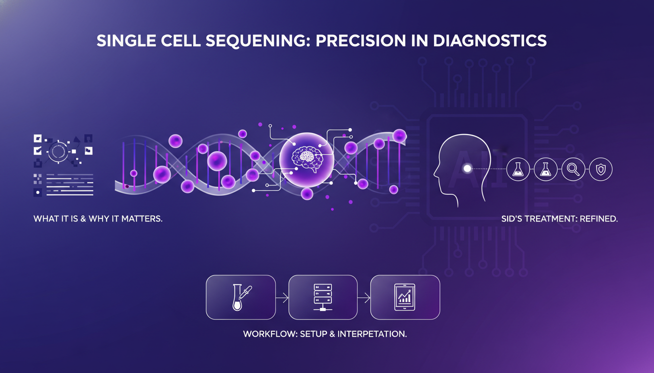 Modern illustration of single cell sequencing, highlighting precision in diagnostics with geometric shapes and indigo, violet gradients.