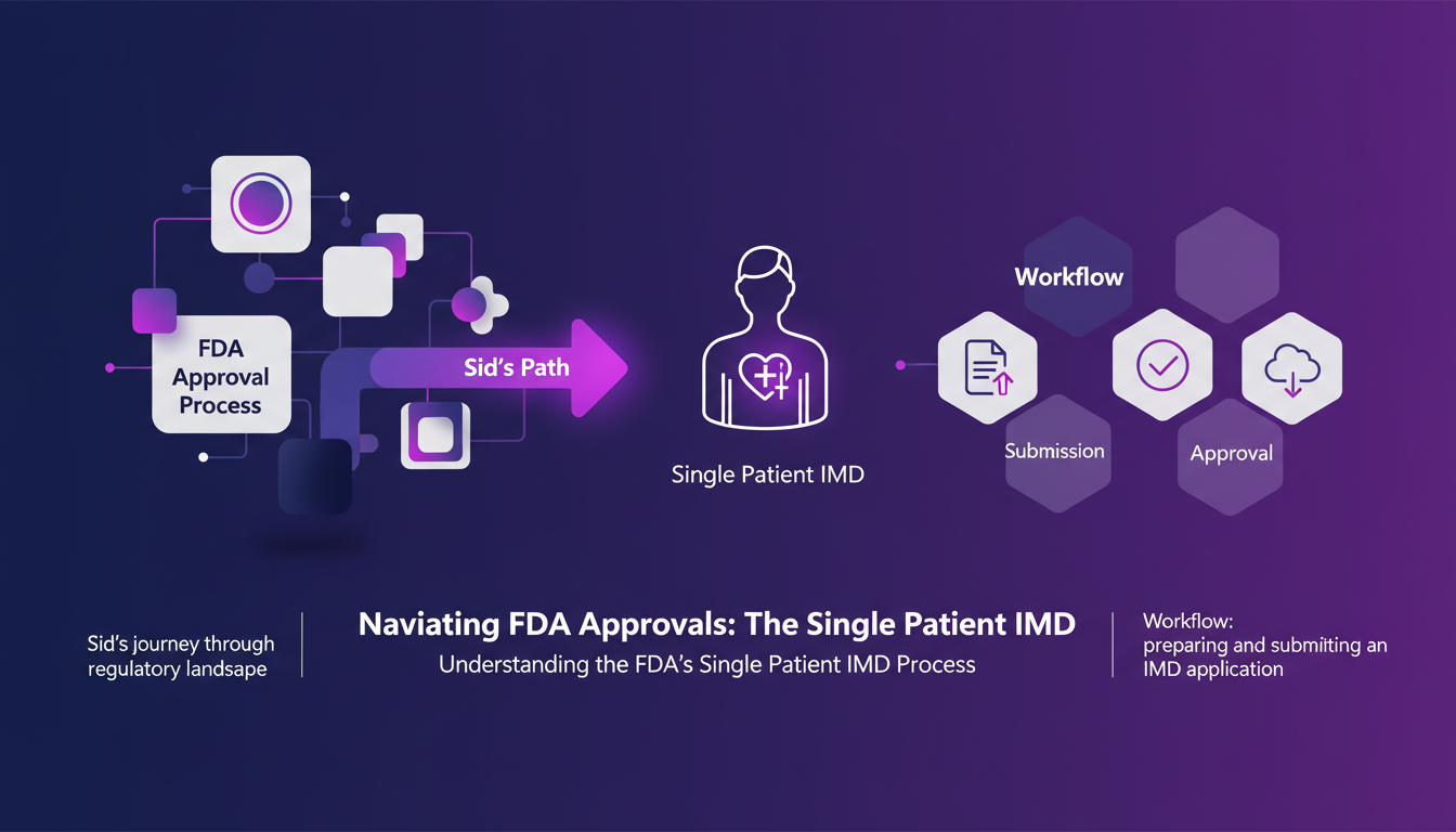 Modern illustration of FDA approval for Single Patient IMD, depicting Sid's journey through the regulatory process with AI elements.
