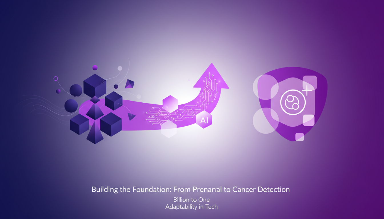 Modern minimalist illustration depicting Billion to One's journey from prenatal testing to cancer detection, showcasing adaptability in tech.