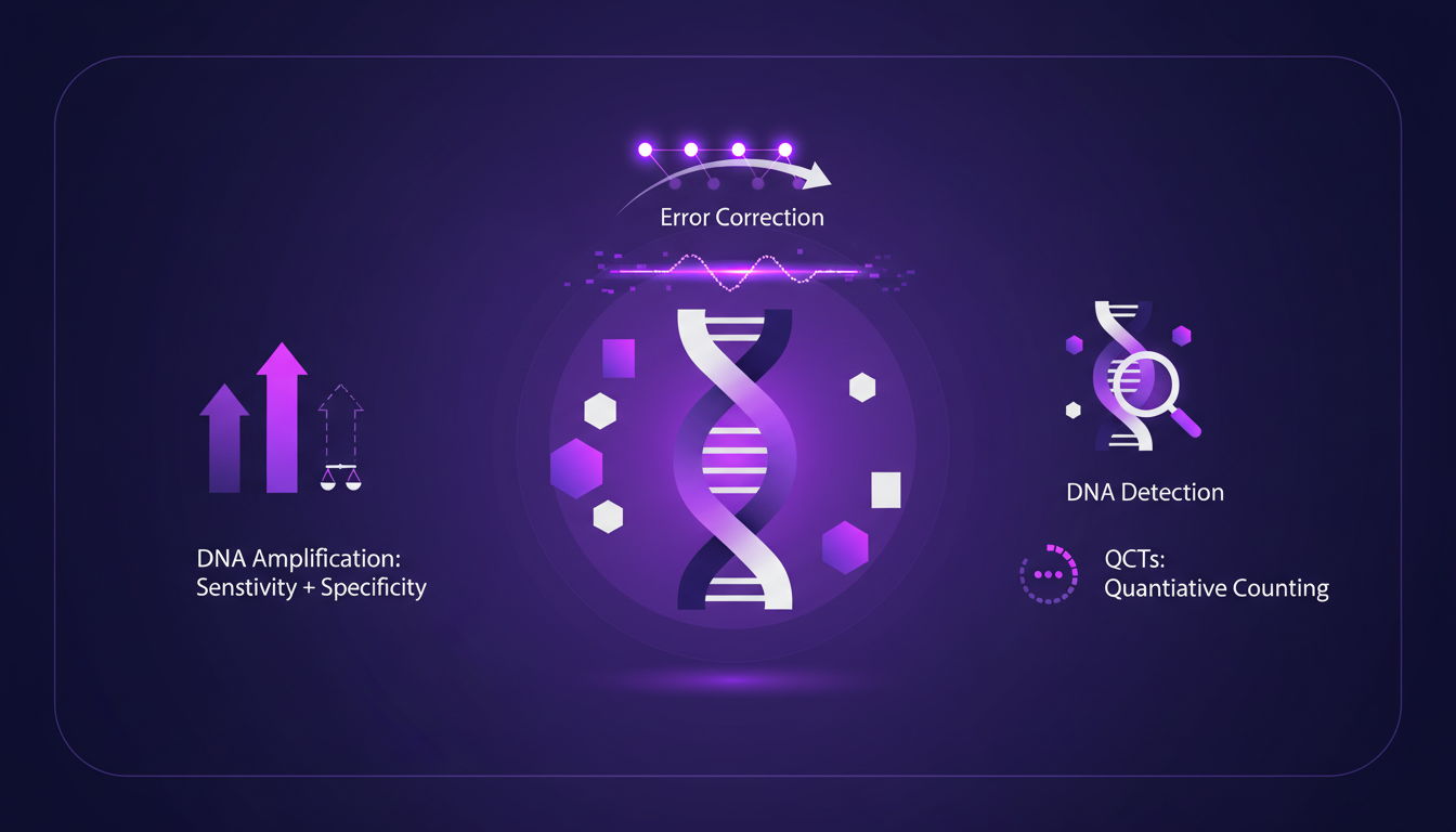 Modern illustration of technical innovations in DNA detection and error correction, featuring geometric shapes and indigo-violet gradients.