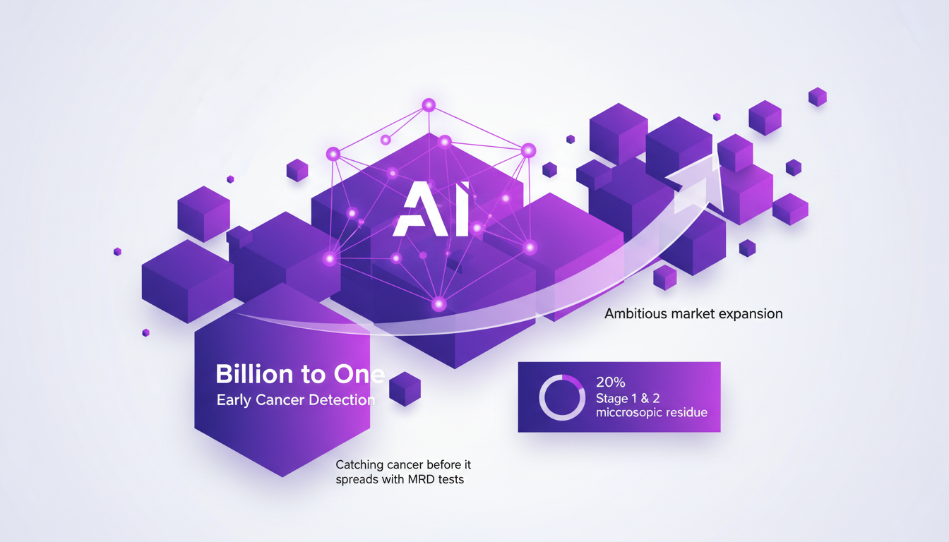Modern professional illustration on future goals for early cancer detection with MRD tests, featuring AI and geometric shapes.