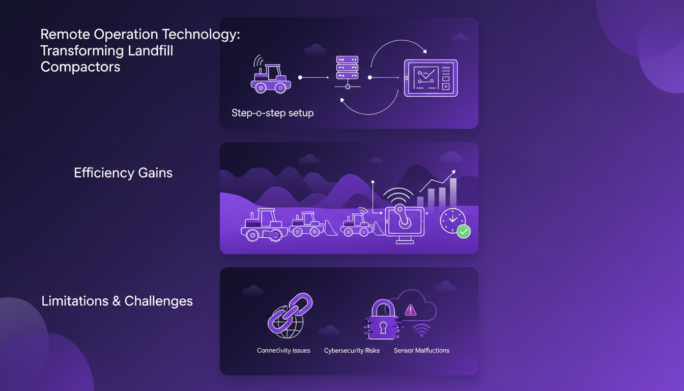 Modern illustration of remote operation technology transforming landfill compactors, highlighting efficiency and challenges.