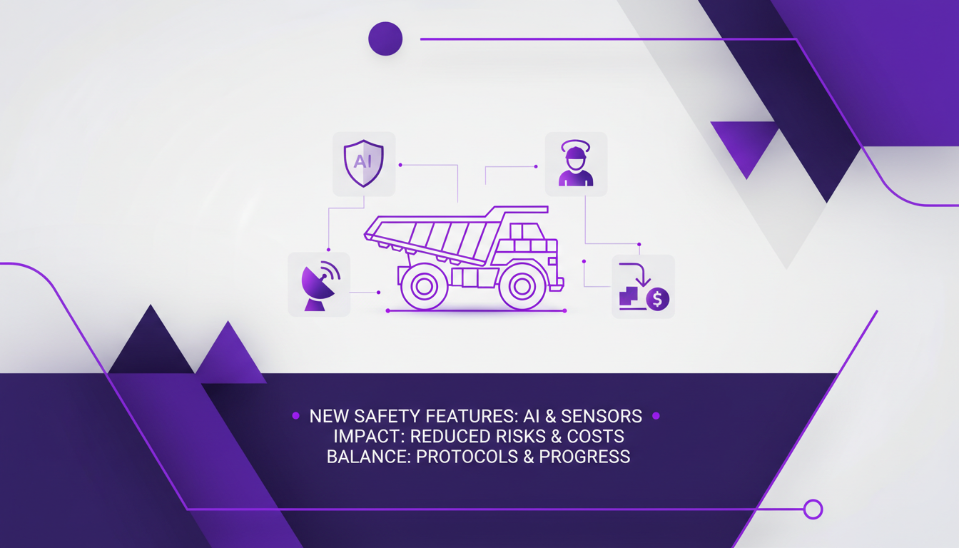 Modern illustration of mining fleet safety innovations with AI technology, geometric shapes, and violet gradients.