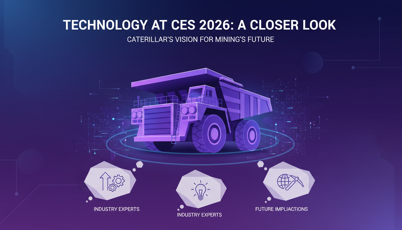 Modern illustration of Caterpillar's CES 2026 presentation, highlighting future mining technology with geometric shapes and gradient overlays.