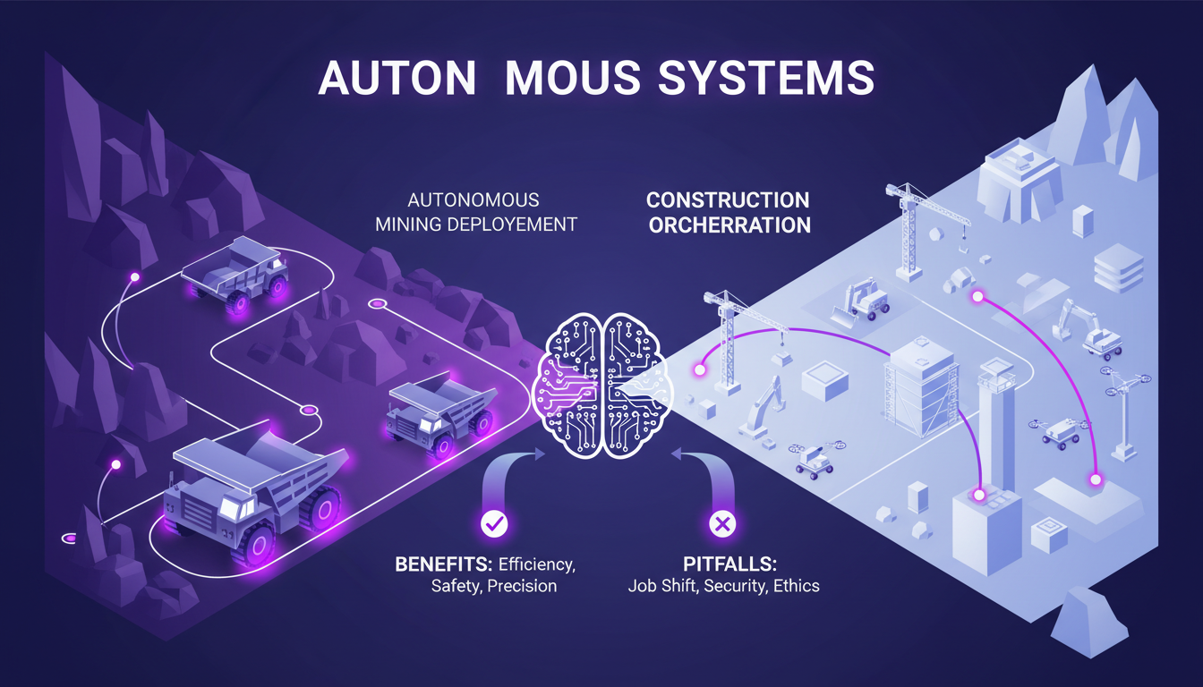 Illustration moderne de camions miniers autonomes et systèmes sur chantiers, palettes indigo et violet, technologie IA innovante.