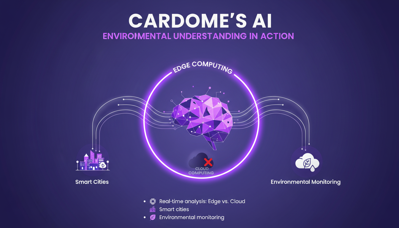 Modern illustration of Cardome AI interpreting environmental data in real-time using edge computing for smart cities.