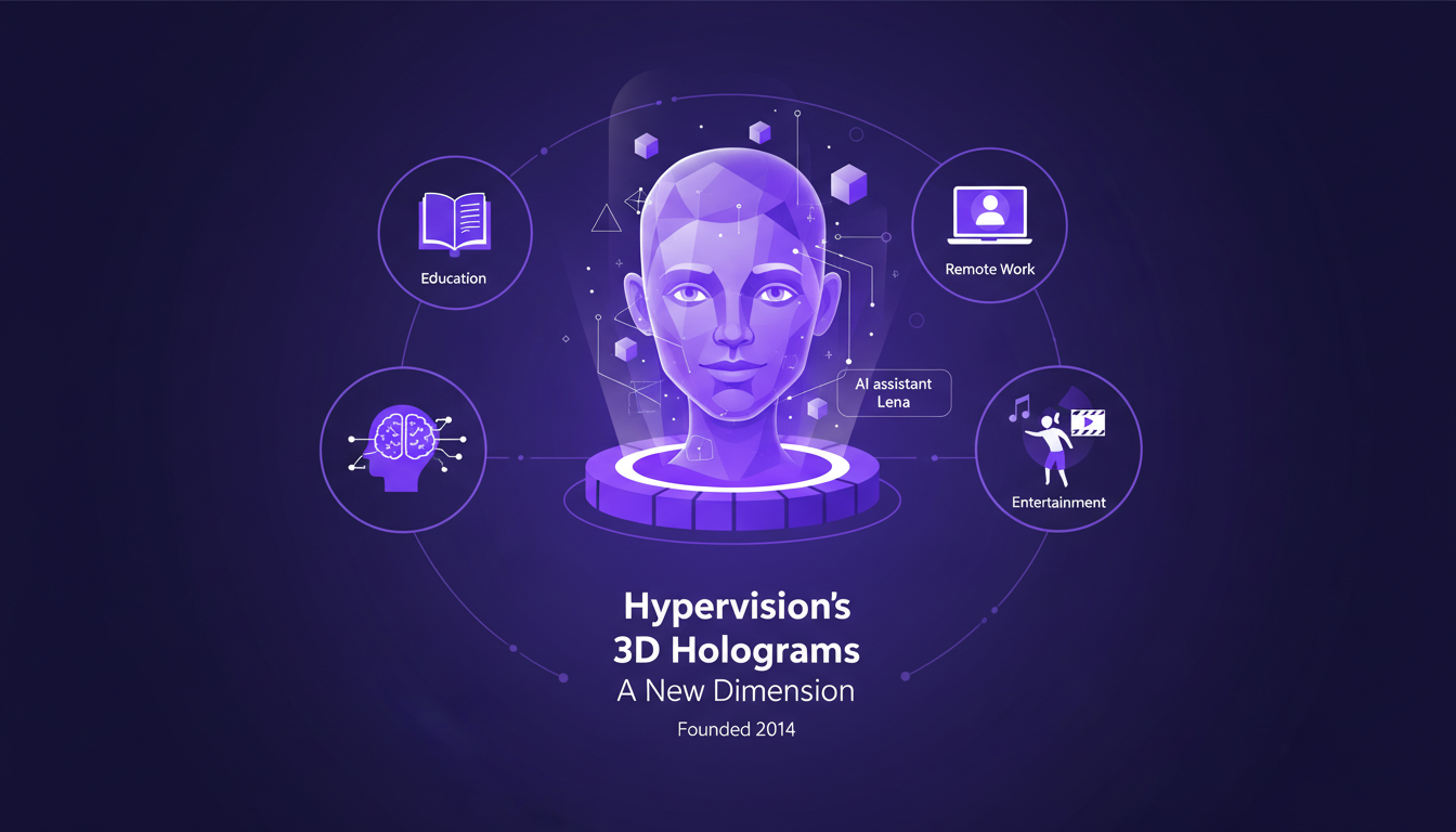 Modern illustration of Hypervision's 3D holographic tech, founded in 2014, featuring AI assistant Lena, for education and entertainment.