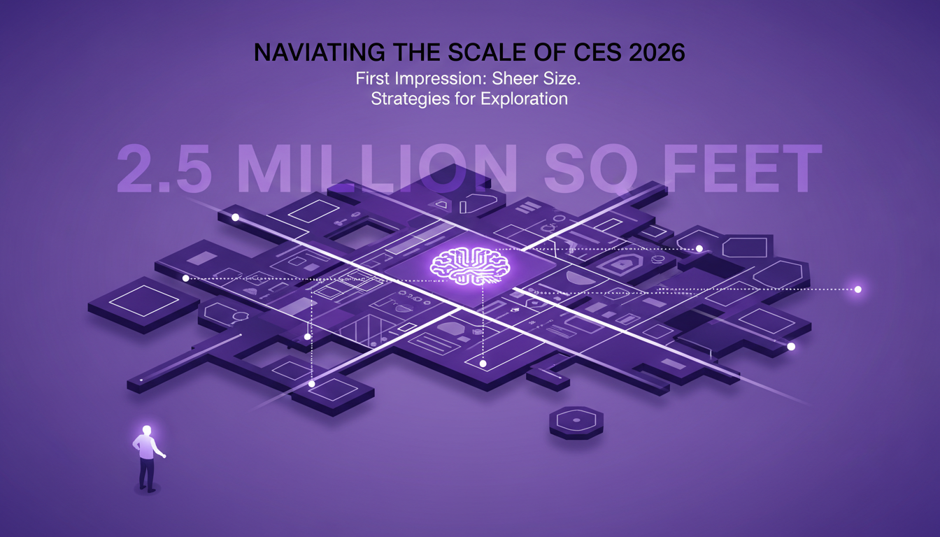 Modern minimalist illustration of navigating CES 2026's vast scale, highlighting key strategies for efficient exploration of exhibits.