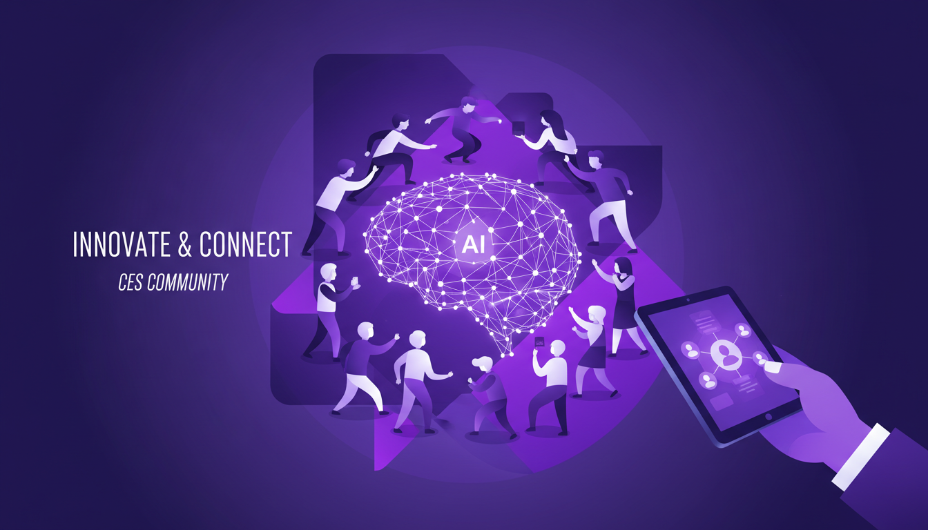 Modern minimalist illustration of innovators and enthusiasts at CES, highlighting AI innovations, with geometric shapes and gradient overlays.