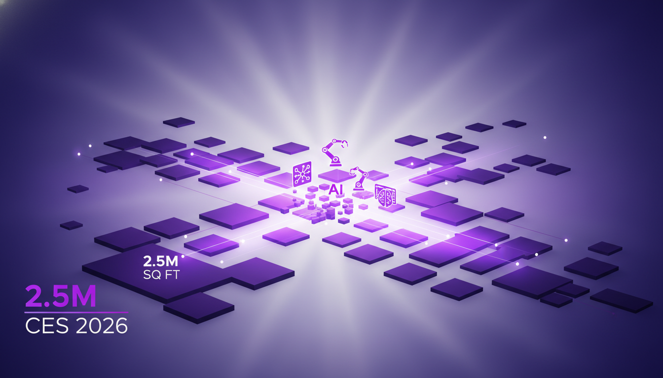 Modern illustration of CES 2026, showcasing the scale with 2.5 million square feet and global exhibitors in cutting-edge tech.