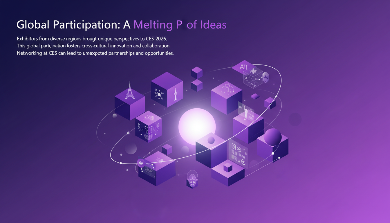 Modern illustration of global participation at CES 2026, showcasing diverse exhibitors fostering cross-cultural innovation and collaboration.