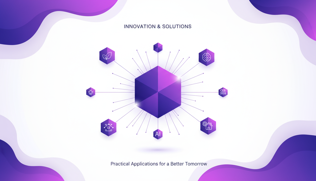 Modern minimalist illustration on innovation and problem-solving at CES 2026, highlighting sustainable tech and AI advancements.