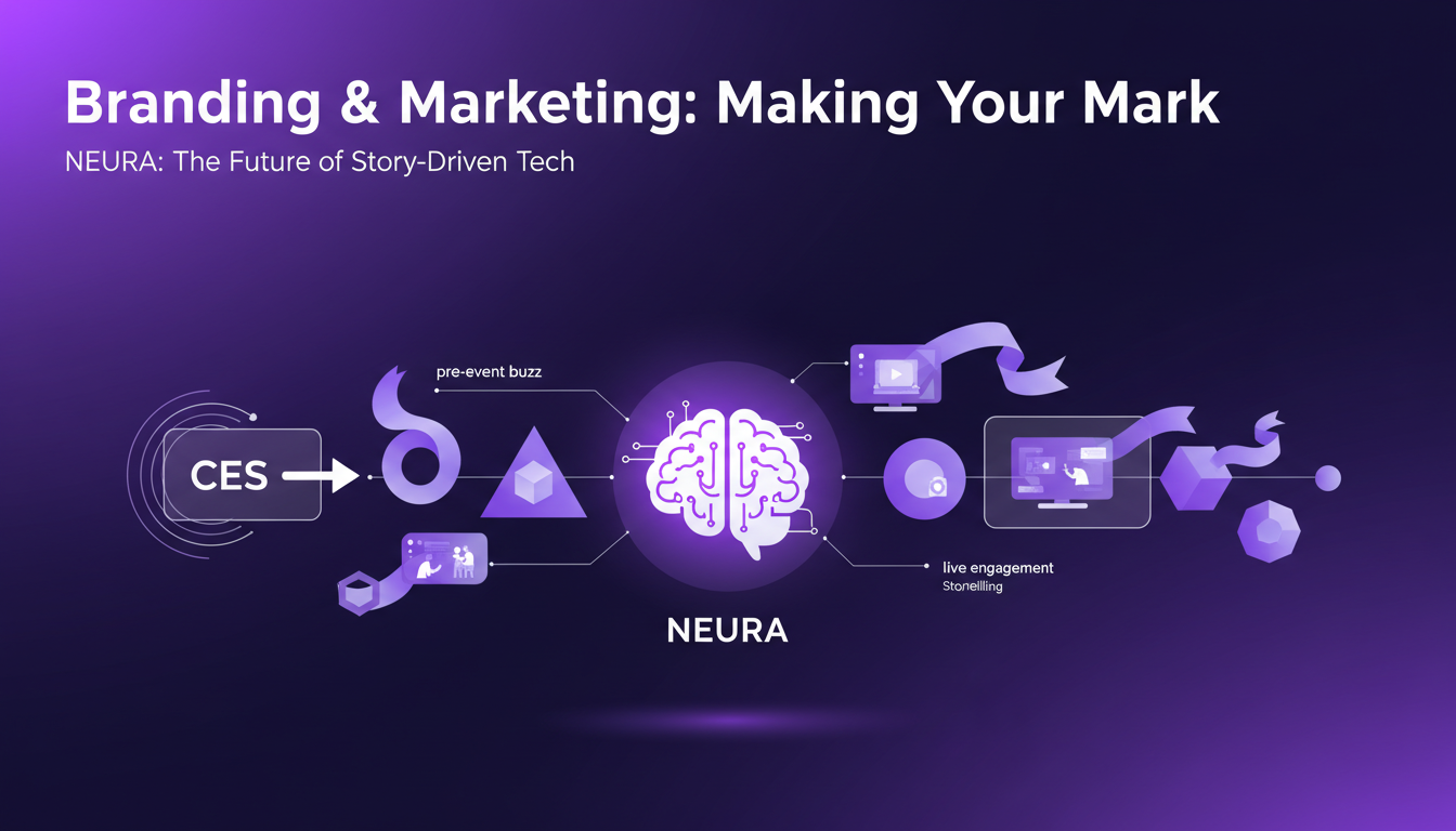 Modern illustration of branding and marketing at CES, integrating technology and storytelling, indigo and violet palette.