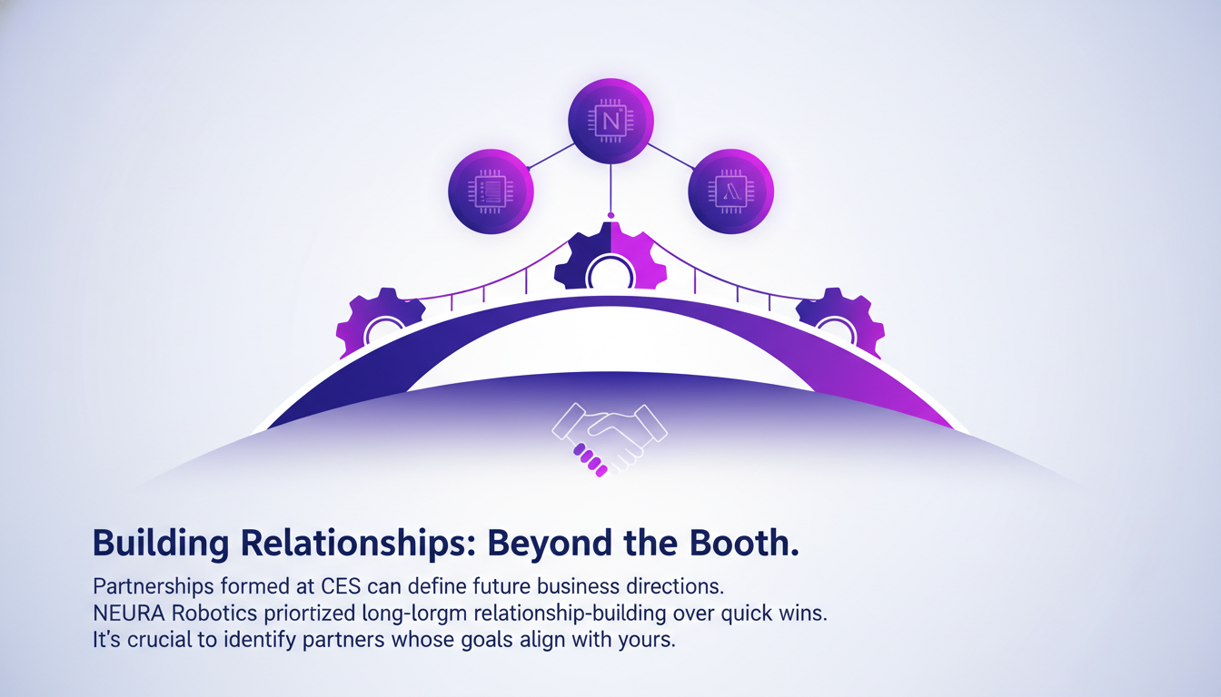 Modern illustration of relationship-building at CES, highlighting NEURA Robotics' strategic partnerships for future business growth.