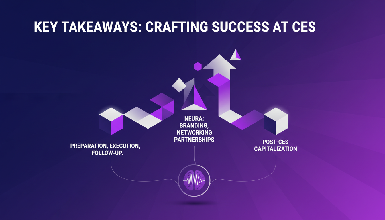 Modern illustration of CES success with branding, networking, partnerships, minimalist design in indigo and violet hues.