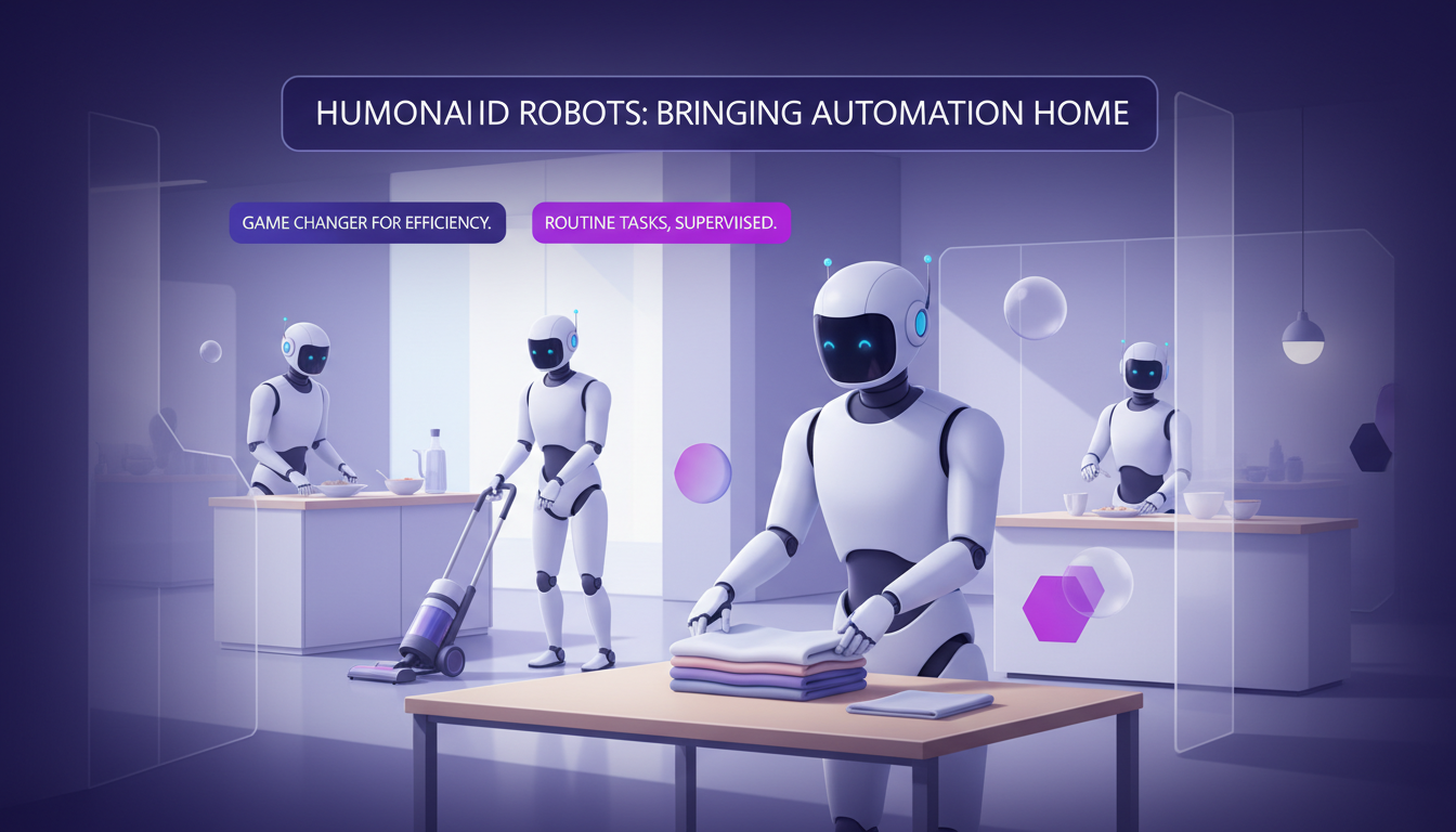 Illustration moderne de robots humanoïdes dans un foyer, effectuant des tâches ménagères pour une efficacité accrue, avec des tons indigo et violet.