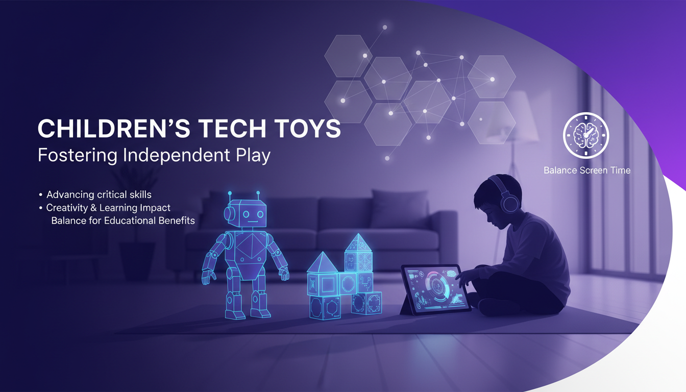 Illustration moderne de jouets technologiques pour enfants, favorisant le jeu indépendant et le développement des compétences, palette violet indigo.