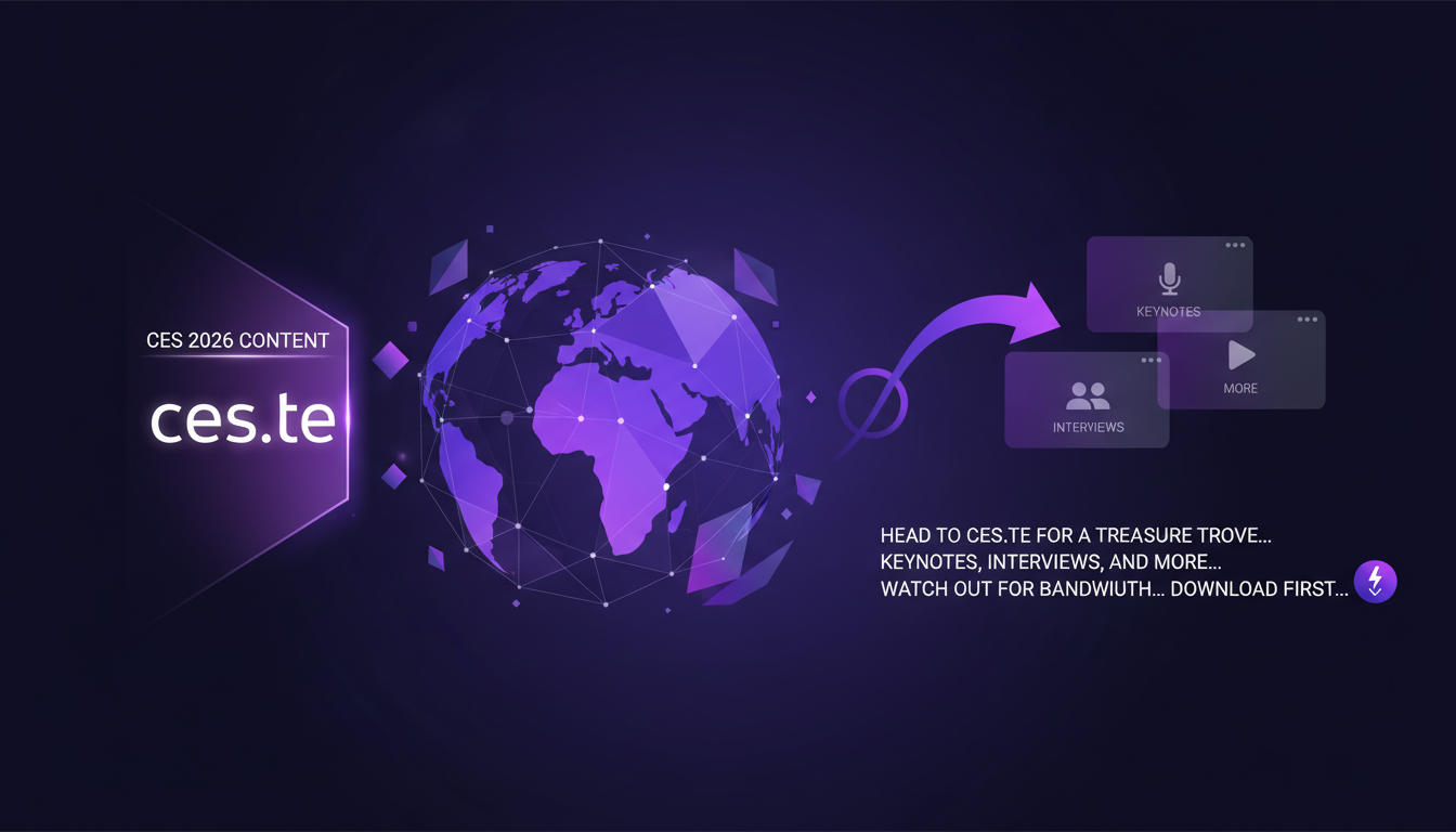 Illustration moderne et professionnelle de l'accès au contenu CES 2026 sur ces.te, avec des formes géométriques et une palette indigo et violet.