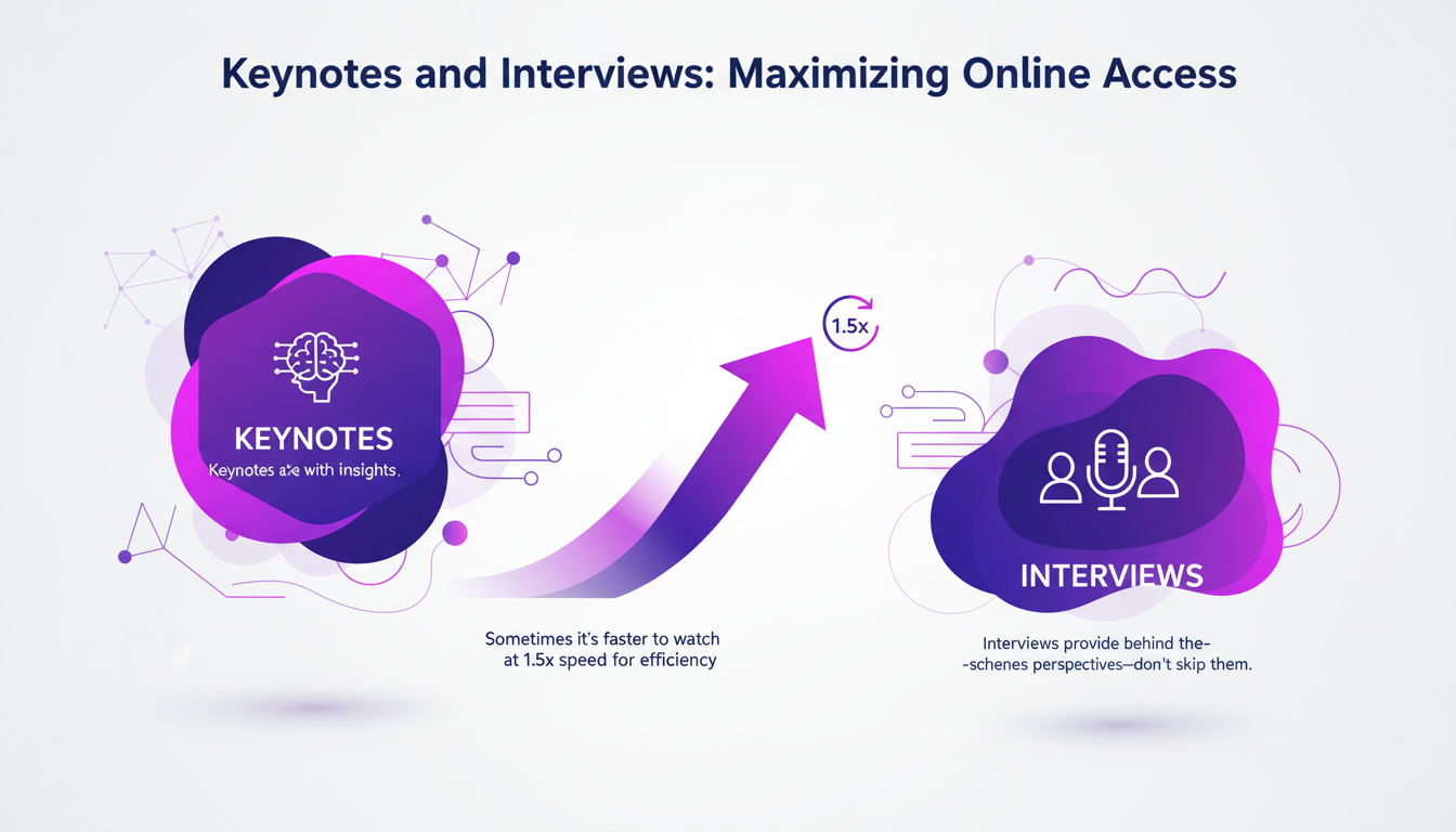 Illustration moderne de conférences et interviews en ligne avec accès optimisé, style minimaliste, couleurs indigo et violet.