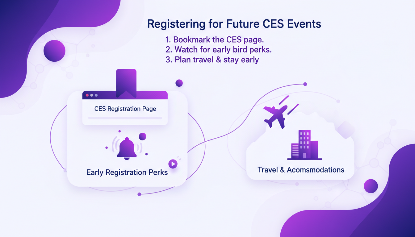 Illustration moderne de l'inscription aux événements CES, avec des formes géométriques et des dégradés, soulignant l'importance de la planification anticipée.
