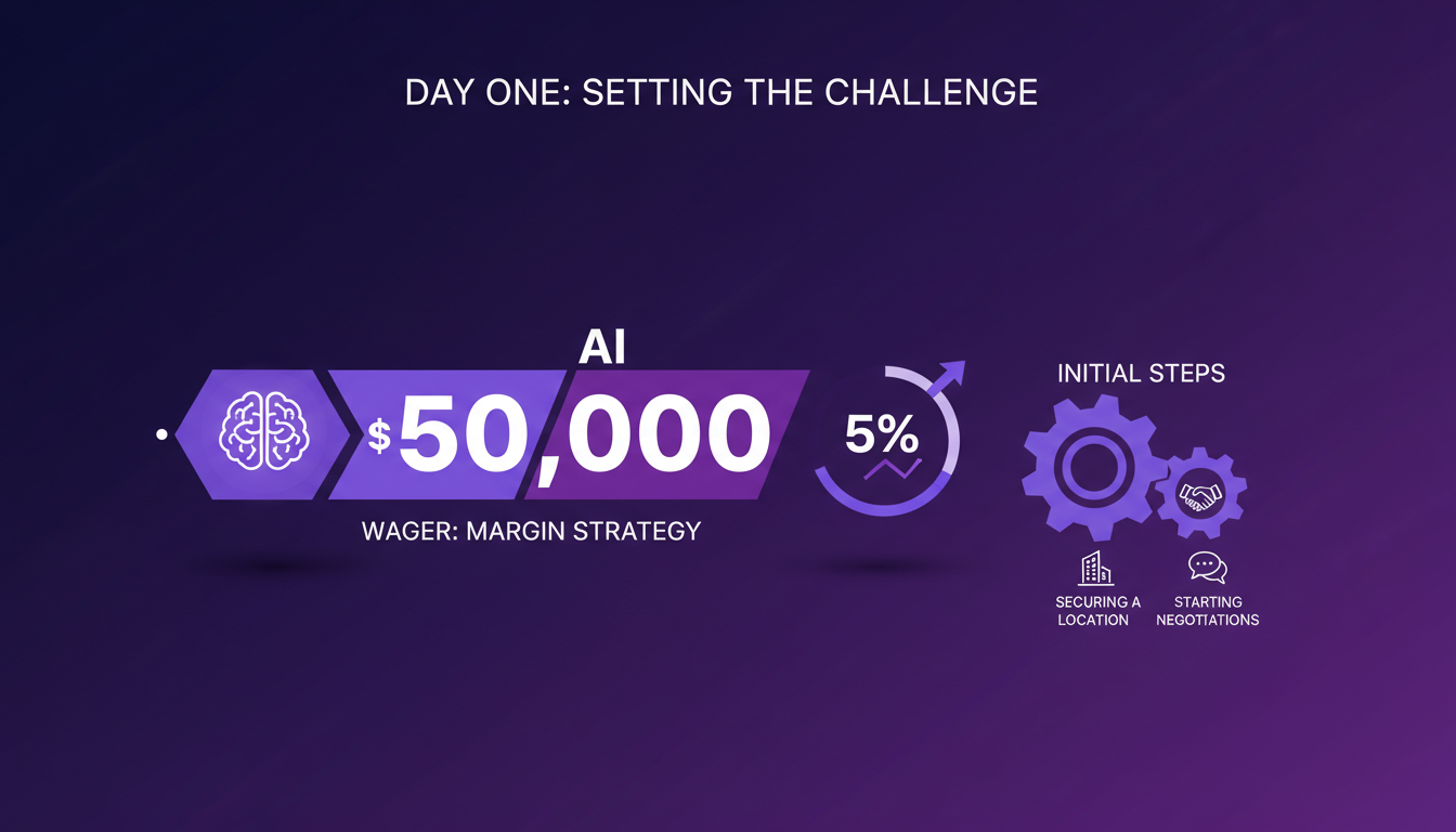 Modern illustration of Day One: launching the challenge with a $50,000 bet, understanding the 5% margin strategy, beginning negotiations.