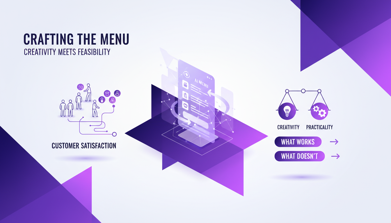 Modern illustration of cafe menu creation process, blending creativity and feasibility, featuring taste tests for customer satisfaction.