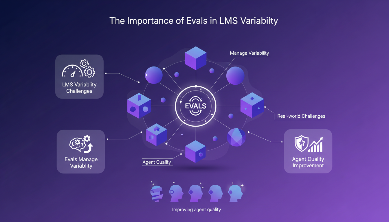 Modern illustration on the importance of evals in LMS variability, featuring geometric shapes and violet gradients.