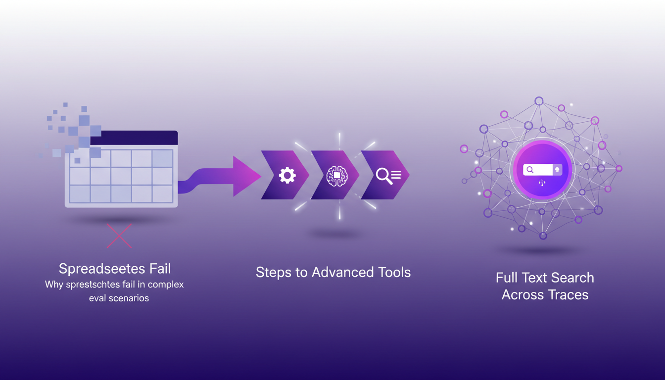 Modern illustration of transitioning from spreadsheets to advanced tools with geometric elements and violet gradients.