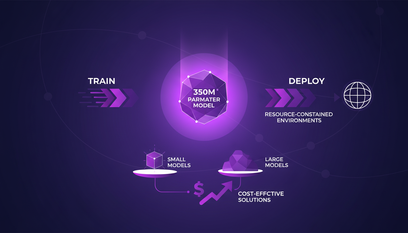 Illustration moderne de modèles IA petits et efficaces, optimisés pour performance et coût, dans une palette indigo et violet.