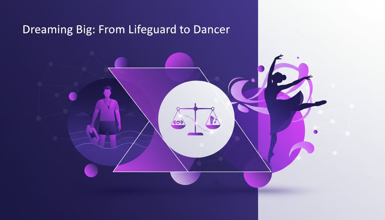 Modern illustration of Sophie, lifeguard and dancer, balancing work and passion, with geometric shapes and violet gradients.