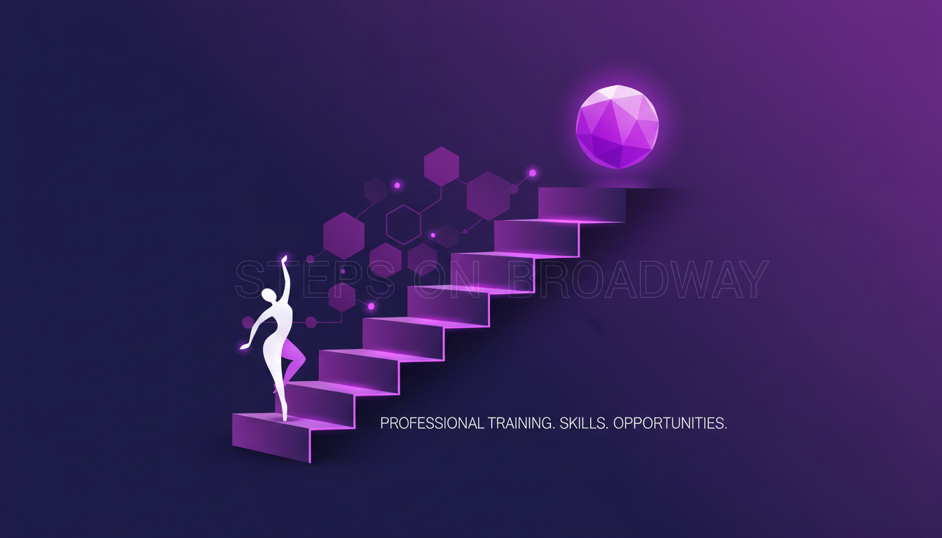 Modern illustration of Steps on Broadway, professional dance training, indigo and violet, geometric shapes, innovative atmosphere