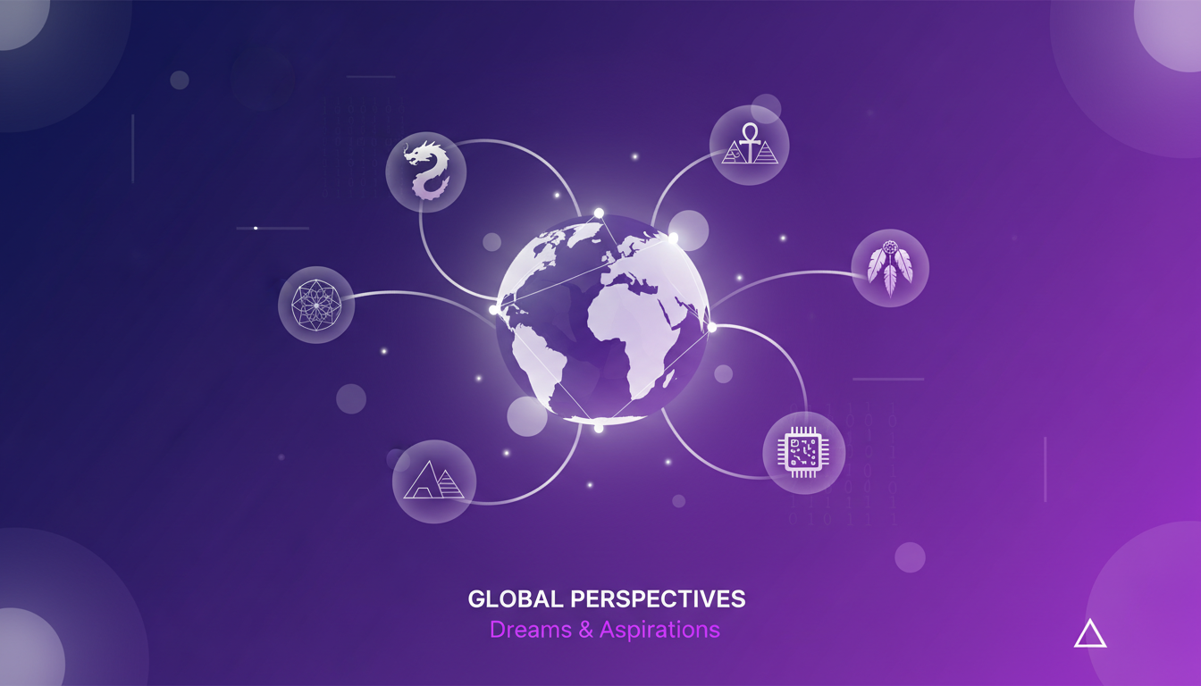 Modern illustration of global dreams, geometric shapes and gradients in indigo and violet, symbolizing cultural aspirations.