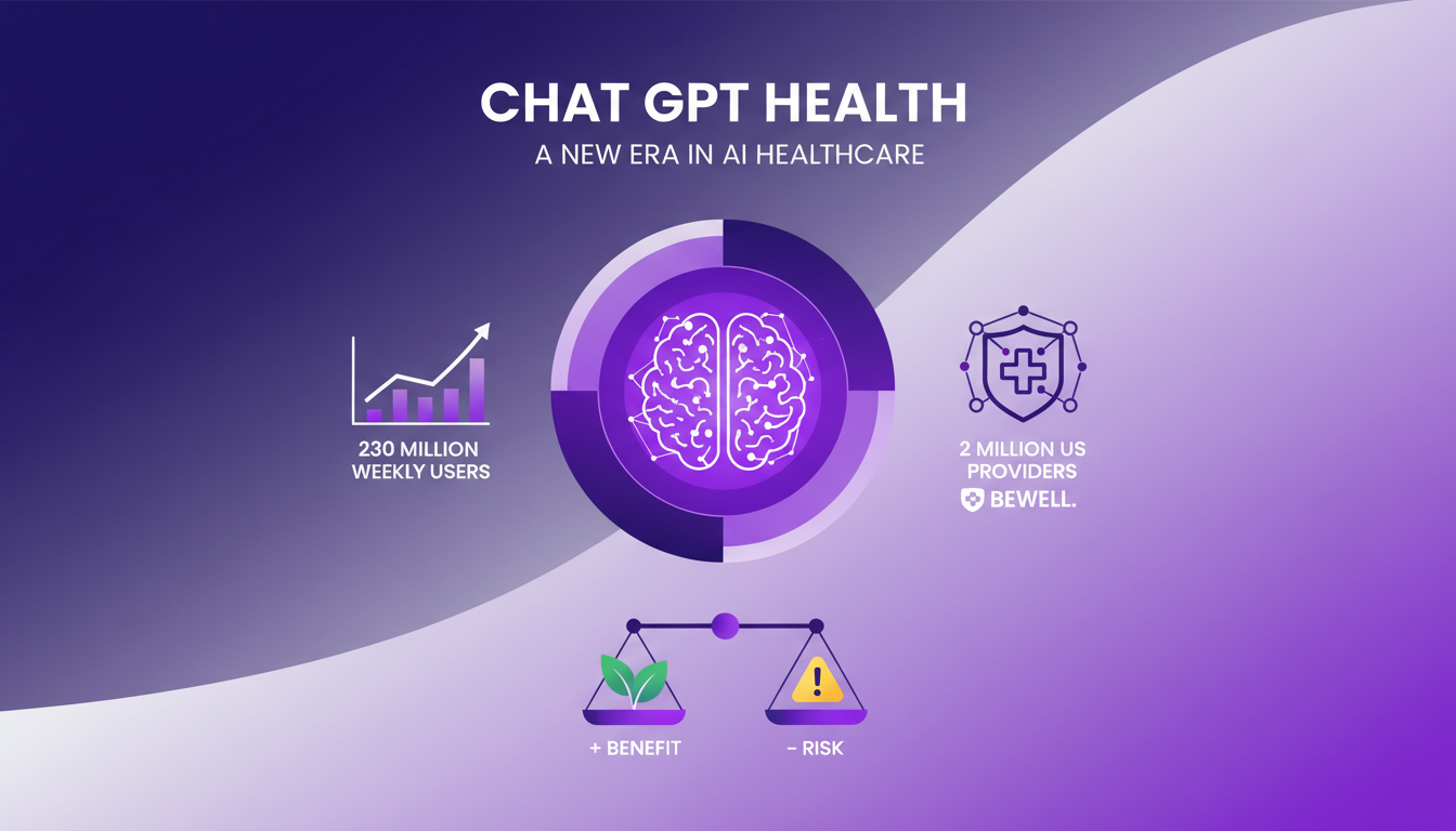Modern illustration of Chat GPT Health, integrating 2 million US healthcare providers via Bewell, 230M weekly users.