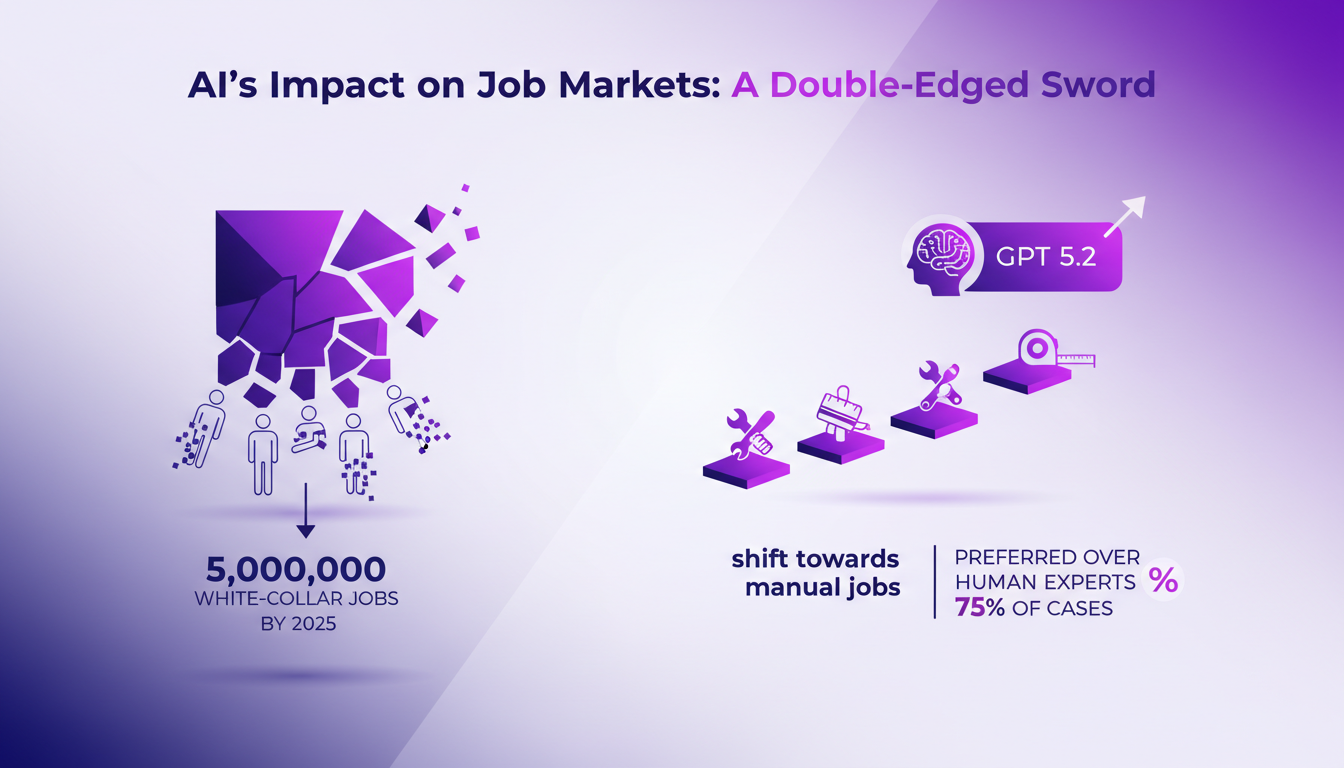 Modern illustration of AI's impact on job markets, depicting the reduction of 5 million white-collar jobs by 2025.