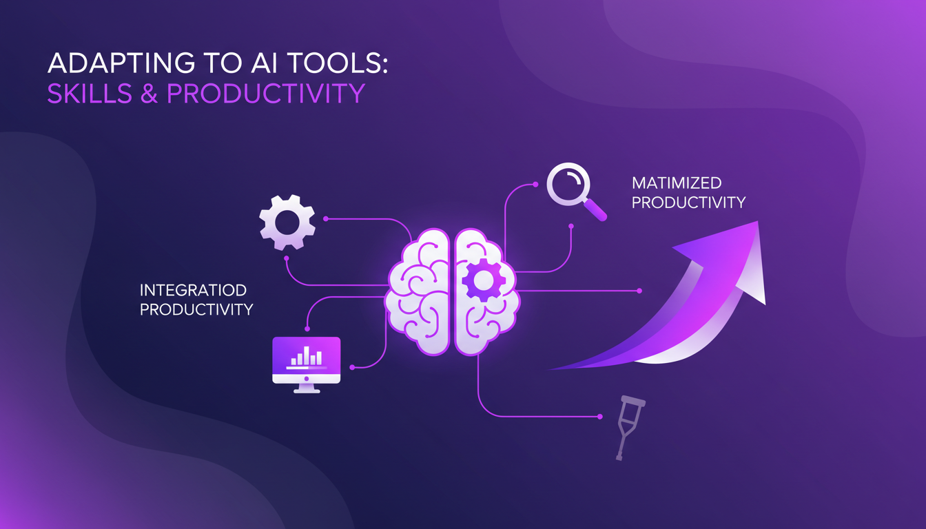 Modern illustration depicting adapting to AI tools, integrating AI skills into workflow to maximize productivity, with a minimalist style.