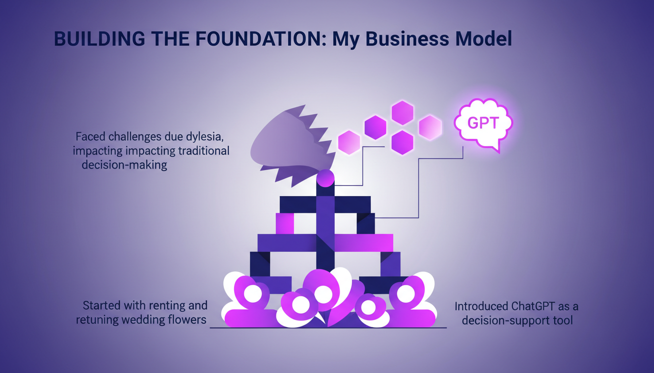 Modern illustration of business model foundation using ChatGPT, integrating AI technology to overcome dyslexia challenges.