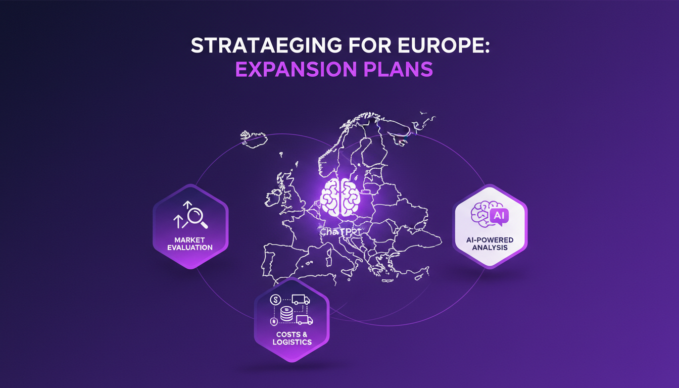 Modern illustration of strategizing European expansion with ChatGPT, featuring geometric shapes and indigo-violet gradients.