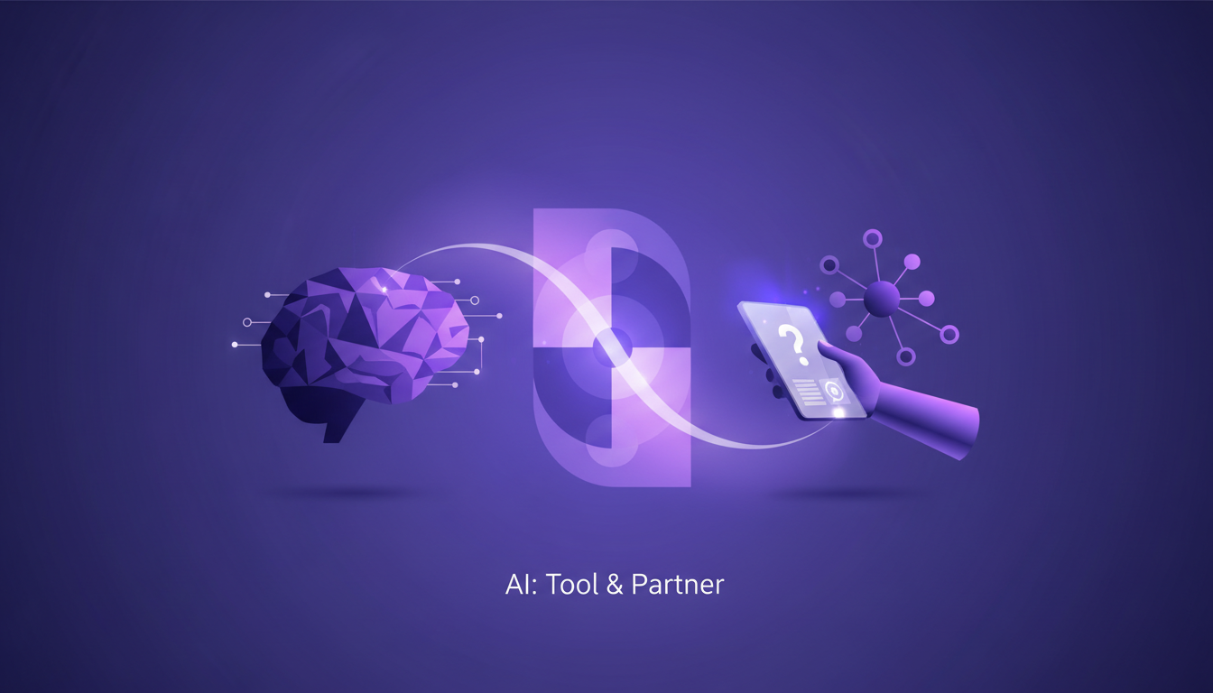 Modern illustration of balancing AI and intuition with geometric shapes and gradients in indigo and violet hues.